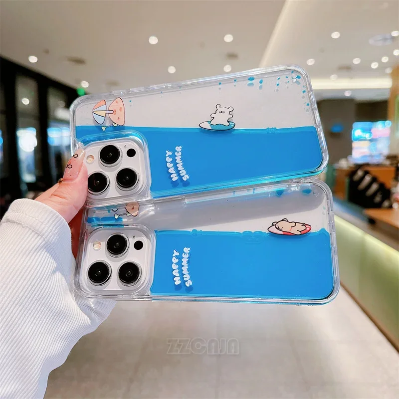 Moving Puppy Kitty Surfing For iPhone 11 12 13 14 15 Pro Max Case Cute Happy Summer Blue Sea Liquids Clear Hard Back Funny Cover