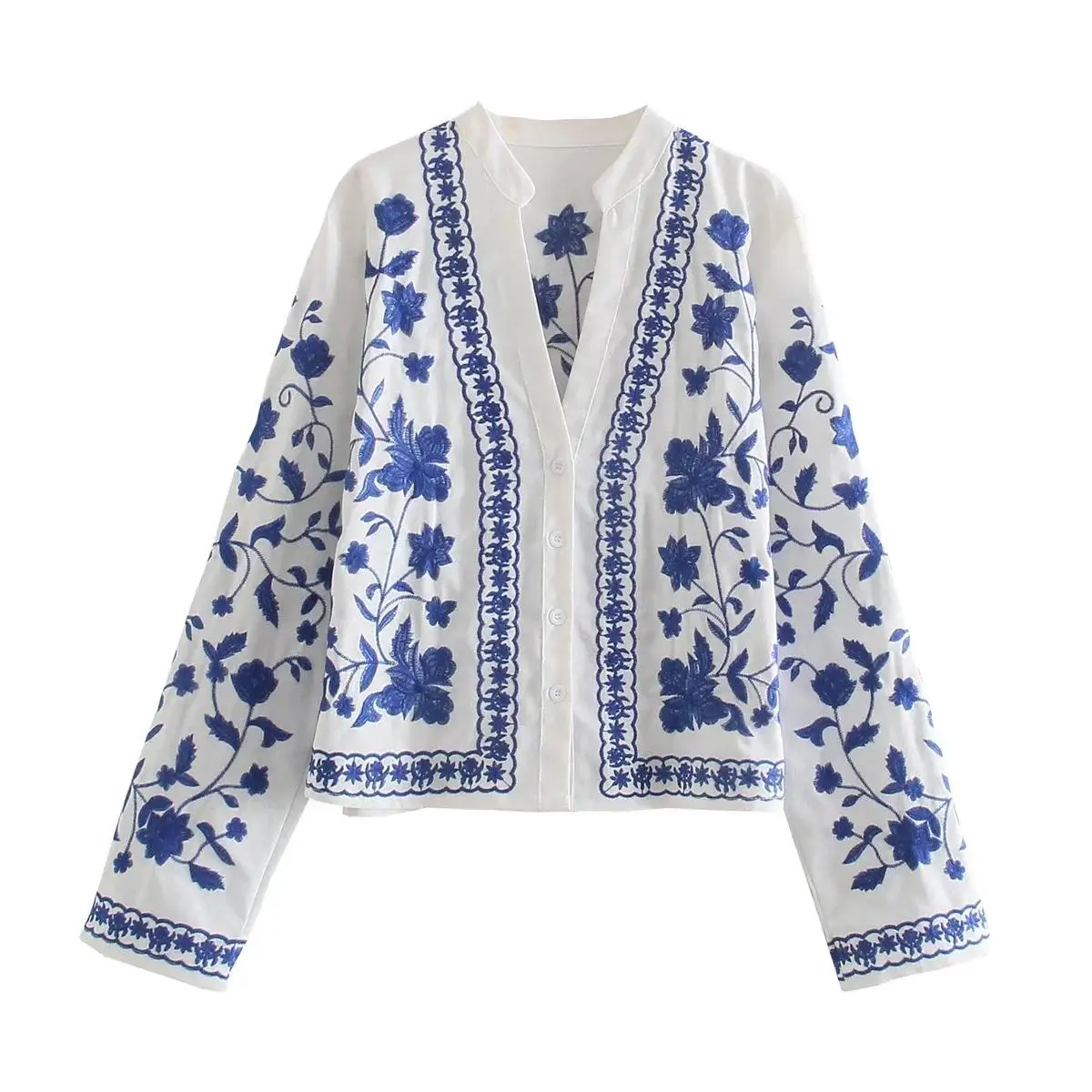

3D Floral Embroidery Collar Shirt Women's Long Sleeve Polyester Fiber Non-Shrinking European Style Spring 2024 Fashion Ladies...