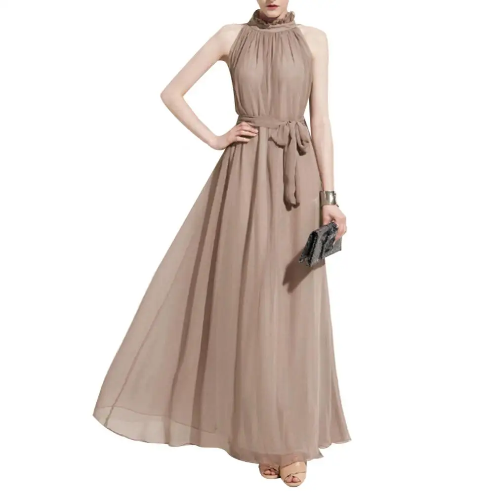 Evening Party Dress Solid Color Ruffled Collar Women Sleeveless Maxi Dress with Belt 2024 Summer Clothes