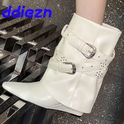 New Shoes With Wedges Women Ankle Boots  Autumn Winter Footwear Female Designer Buckle Fashion Rivet Ladies Short Modern Booties