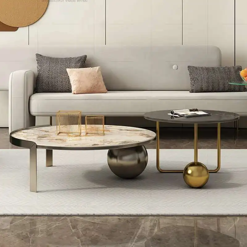 

Light Luxury Simple Round Stone Coffee Table Living Room Personalized Stainless Steel Modern Coffee Table Size Set