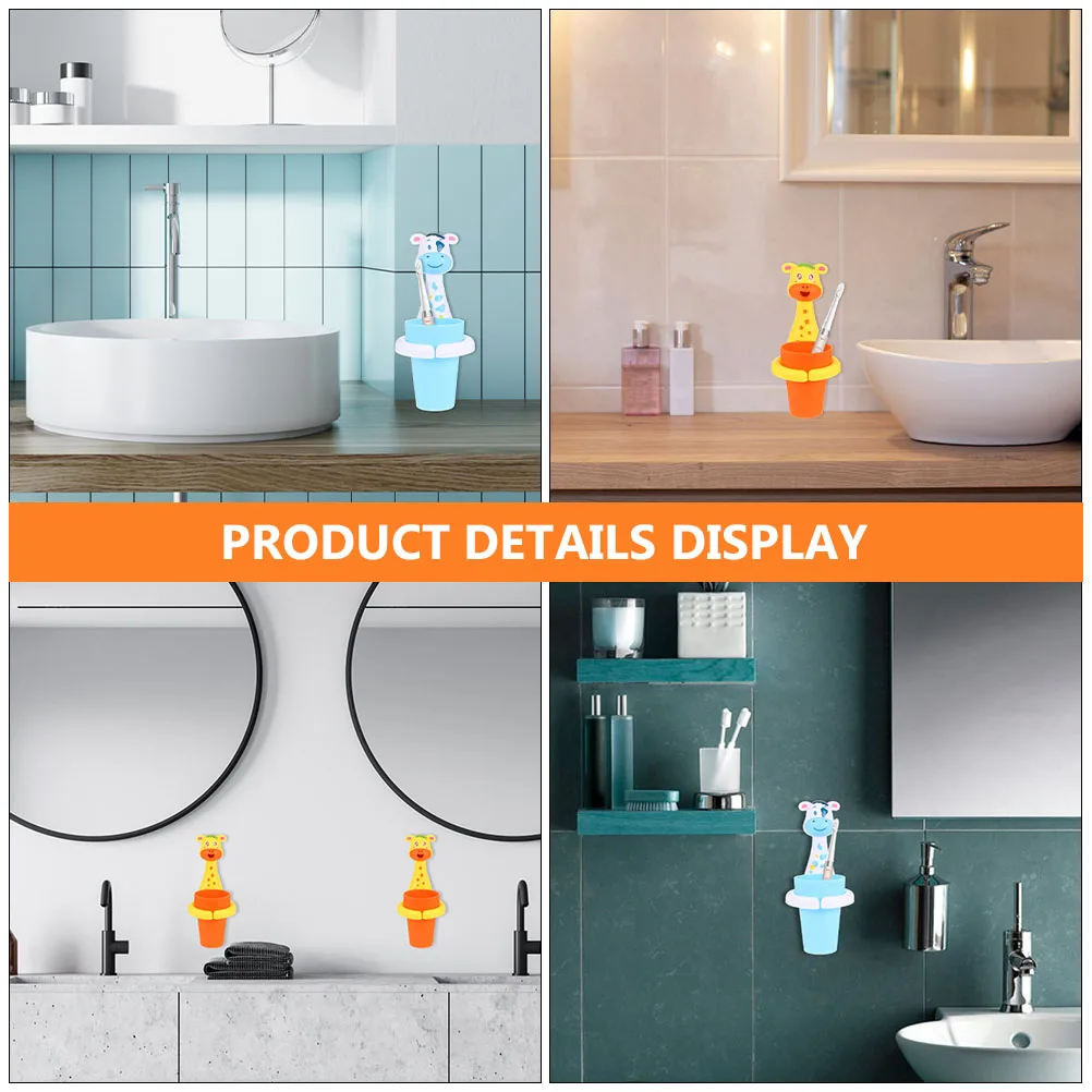 

2Sets Bathroom Toothbrush Cup and Rack Adorable Cartoon Animal Design Easy Install Housewarming Mouthwash Cup Rack