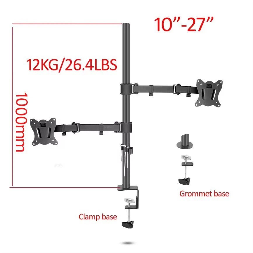 (120cm) DL-T902-2120-II Full Motion Dual Monitor Desktop Stand Holder 10'-27' Clamp Grommet Hole Base PC Mount Foldable Arm 12kg