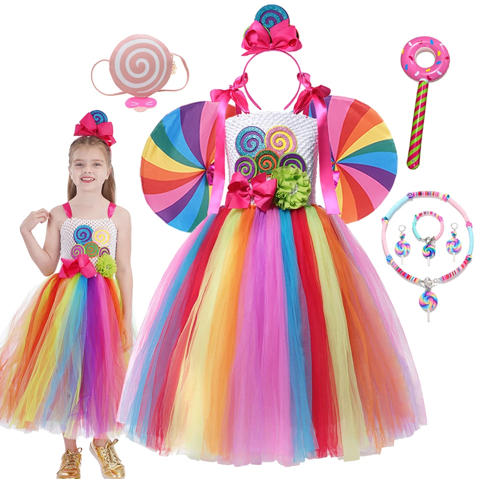 

2026 Purim Candy Dress Mesh Tutu Dress for Girls Kids Rainbow Handmade Knitted Dress Childrens Birthday Carnival Party Costumes