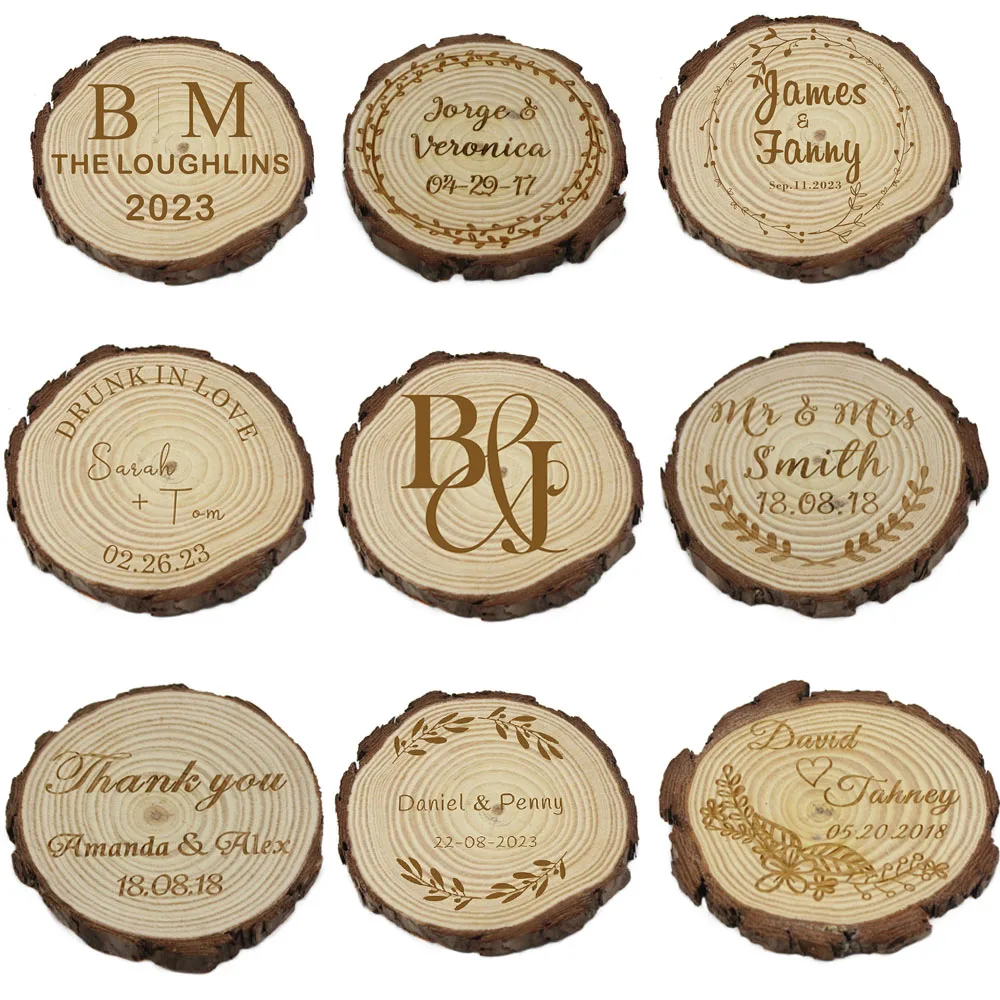 Personalized Engraved Rustic Slice Circle Coasters, Wooden Coaster, Custom Laser Gift, Wedding Decor, Favor Party