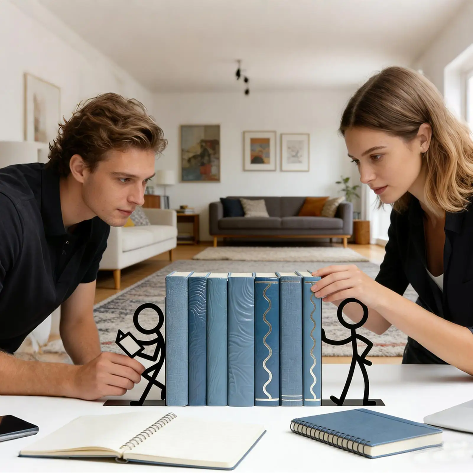 Non-Slip Heavy Duty Book Ends Shelf Decor Black Bookend Metal Abstract Book display stand Art For Home Bedroom Living Room Study