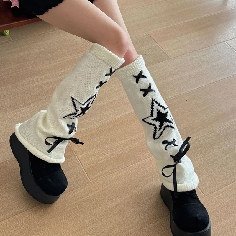 Streetwear Boot Cuffs Fashion Women Knitted Leg Warmers Autumn/Winter Leg Socks Female Y2K Bow Foot Covers Girls Punk Stockings