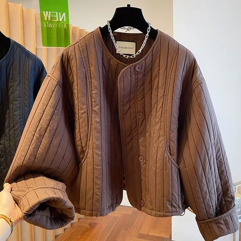 

2025 New Women Short Lightweight Cotton Jacket Korean Loose Casual No Collar Padded Coat