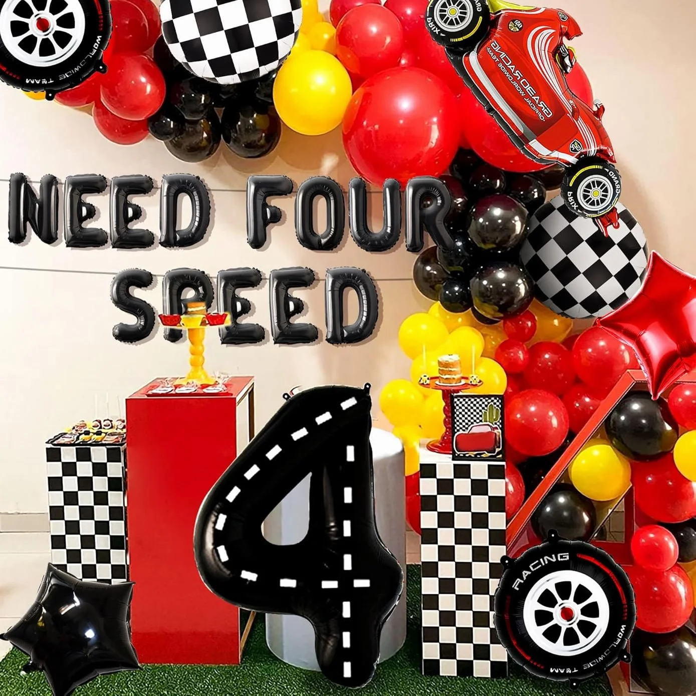 Laventy Heeft Vier Speed Verjaardagsdecoratie Nodig Vier Speed Ballonnen Achtergrond Raceauto 4e Verjaardagsdecoratie