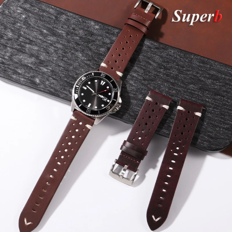 النفط الشمع جلد البقر جلد طبيعي حزام (استيك) ساعة 20 مللي متر 22 مللي متر اليدوية الرجعية حزام الصلبة الصلب أبازيم للرجال النساء تنفس سوار