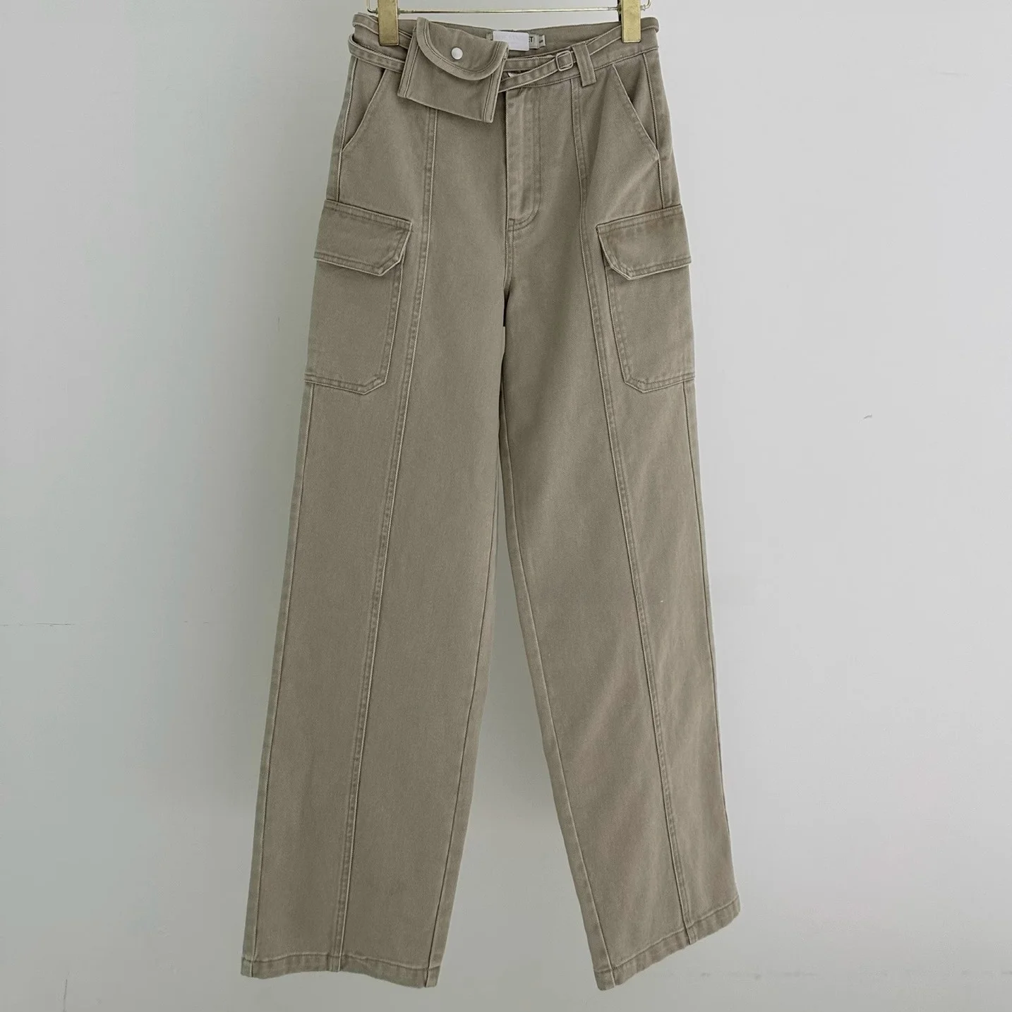 

Модные ретро-брюки в рабочем стиле, прямые повседневные брюки со съемной поясной сумкой, несколько карманов, высокая талия, корейский стиль