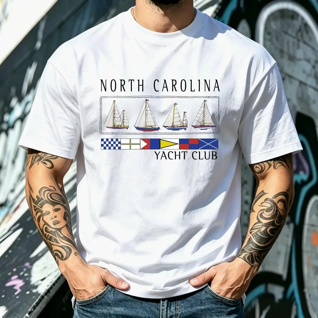 washed T Shirt Vintage Fruit Of The Loom North Carolina Yacht Club XL Beach vintage Washed homme streetwear Stylish
