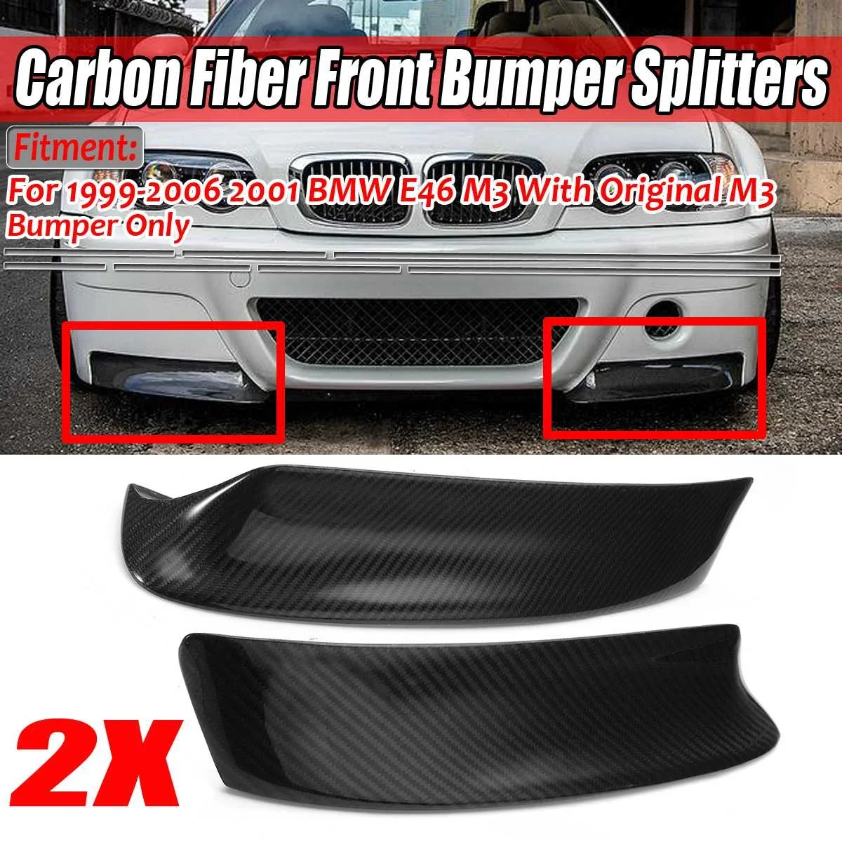 

E46 Real Carbon Fiber Front Bumper Lip Splitters Flaps for BMW 3 Series E46 M3 Coupe 1999- 2006 Bumper Trims Spoiler Body Kit