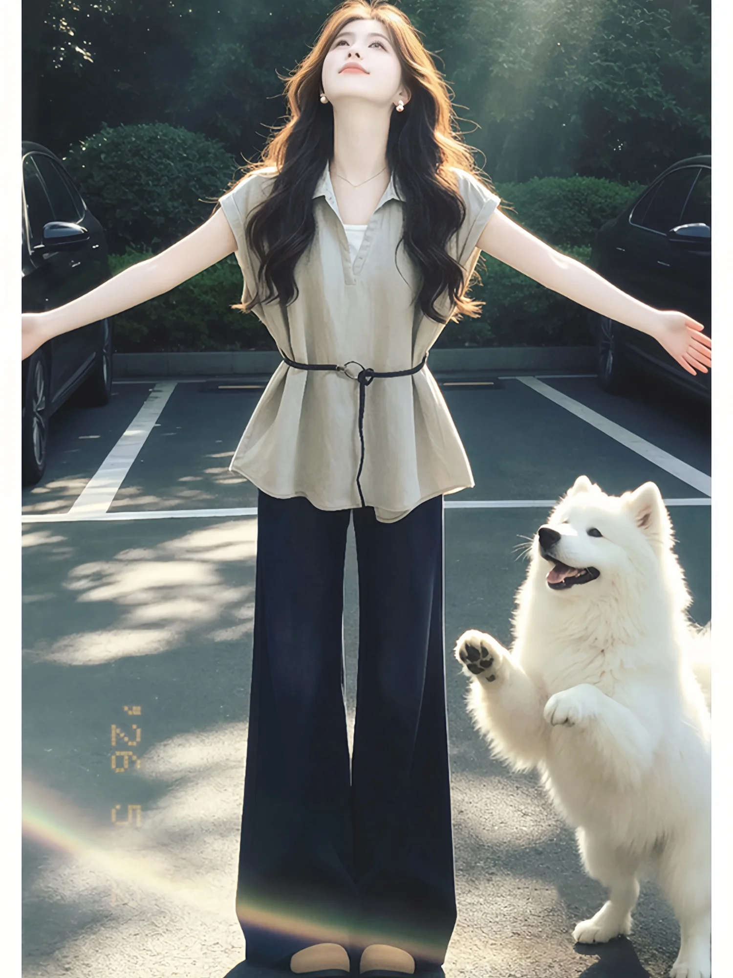

V-Neck Short Sleeve Shirt Women's plus Size Belted Waist Cinching Casual Style Summer New Arrival Fashion plus Size Clothing
