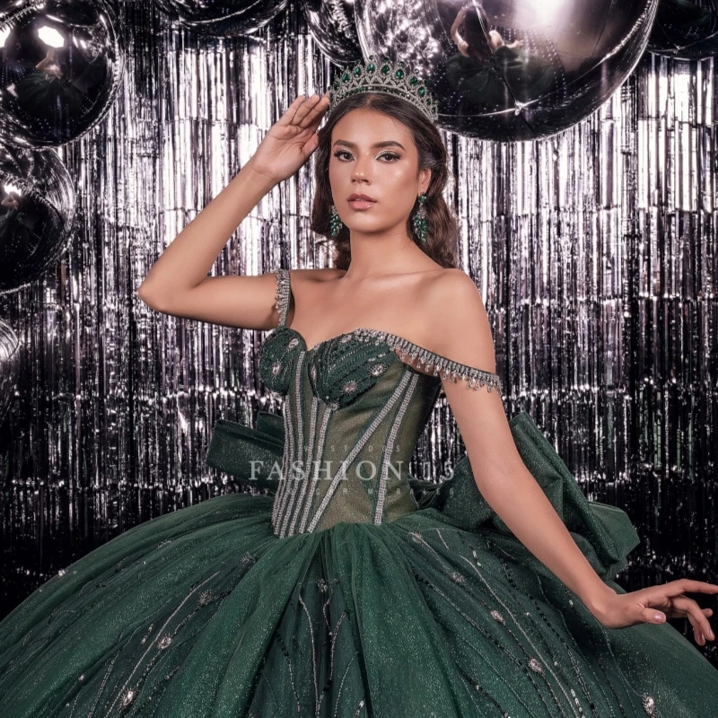 Blackish Green Shiny Quinceanera Dresses Off The Shoulder Beading Crystal Bow Tull Corset Ball Gown Vestidos De 15 Anos Sweet 16