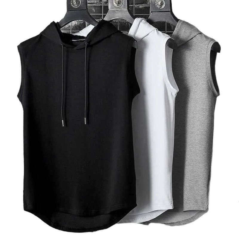 Sleeveless Running Vest Men Shirt with Hat Solid Color Cool Sleeveless Shirt Hooded Sweat Shirt Outdoor Gym Cycling Sports Wear