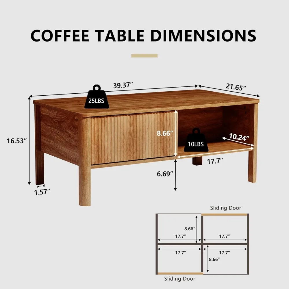 Mid-Century Modern Low Rectangle Coffee Table with Storage, Light Wood Finish, Rustic Fluted Design for Living Room