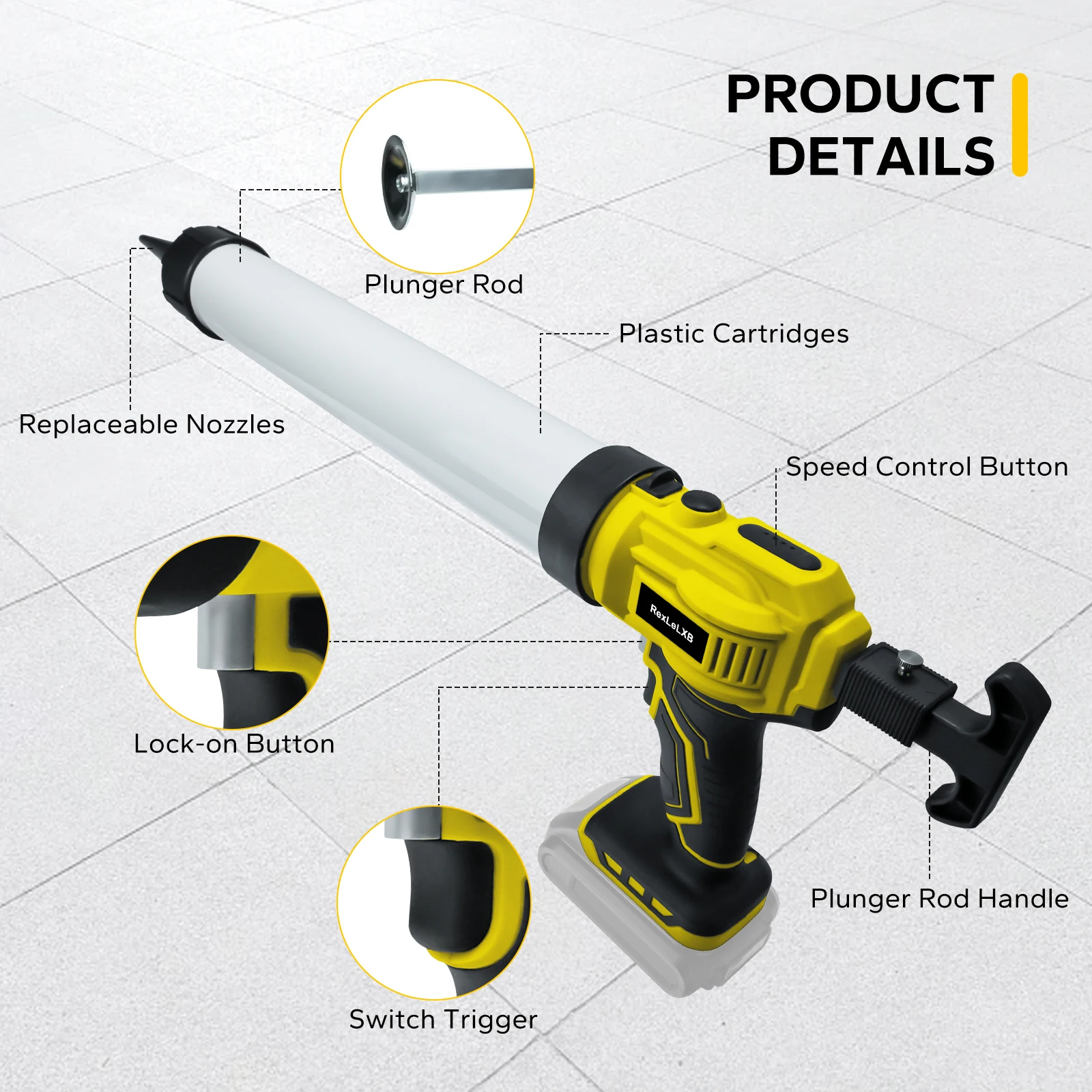 Cordless Sausage Caulking Gun 20oz/600ml Electric Sealant Adhesive Gun 4 Speed Filling Sealing Repair for Dewalt 20V Battery Pin image 4