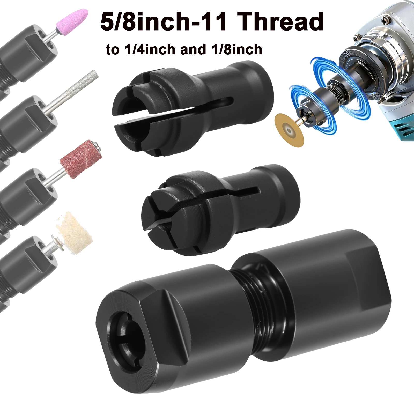 

Адаптер для угловой шлифмашины к прямой шлифмашине: резьба 5/8"-11 на патроны 1/4" и 1/8", удлинительный соединительный стержень для роторных фрез по дереву