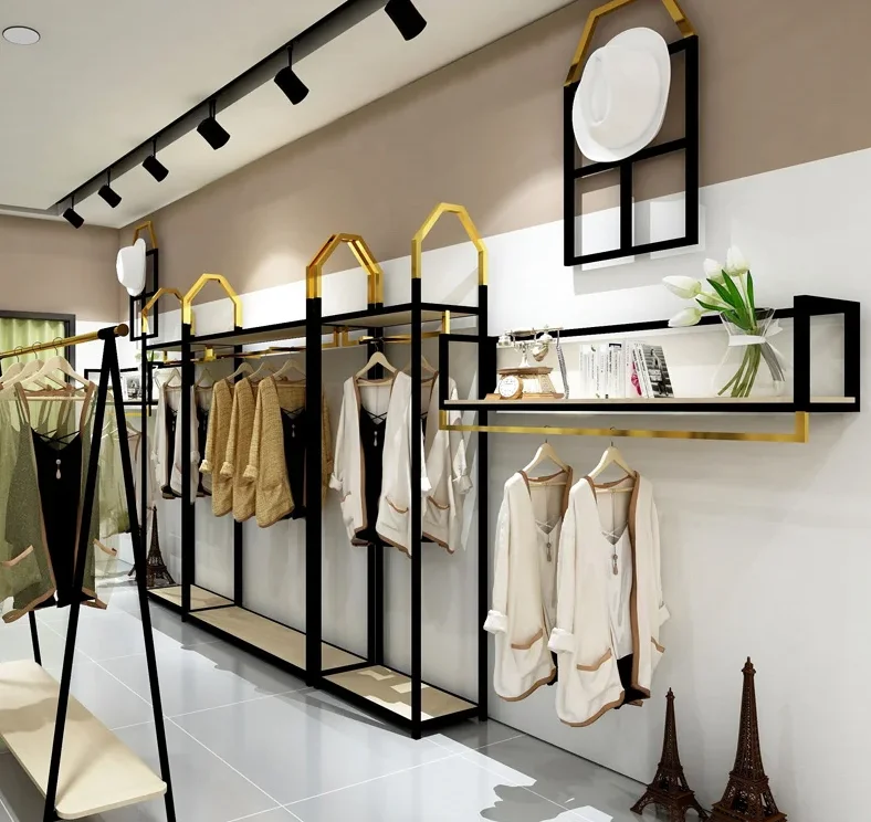 Wall mounted display shelf of clothing store Floor mounted display shelf of women's clothing store