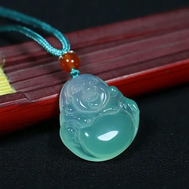 

Natural Agate and Chalcedony, Ice Transparent Green and White Dual Color Buddha Pendant, Women's Fashionable Temperament