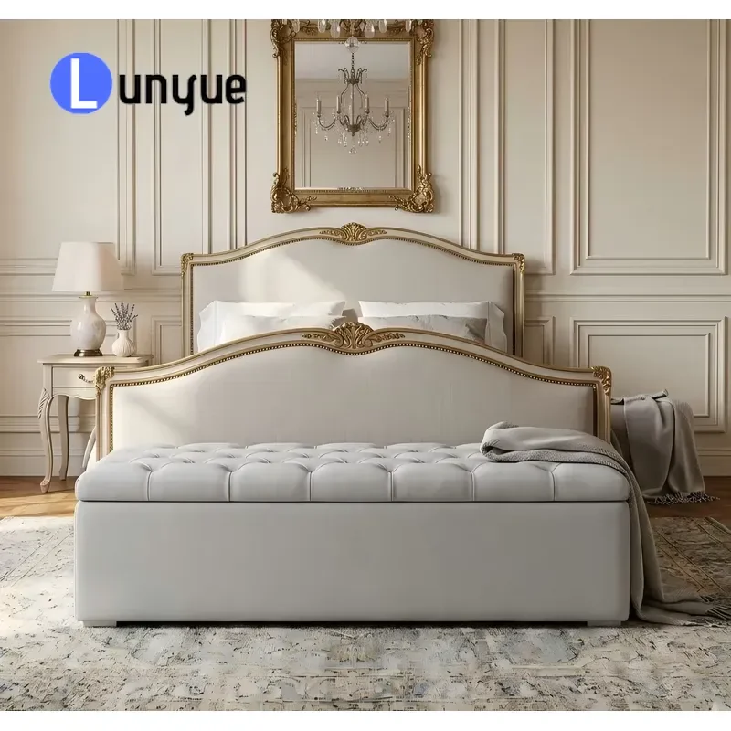 European Retro Country Style Antique Wooden Pure Linen Fabric Decorative Box Tufted Blanket Storage Bedside Stool Footstool