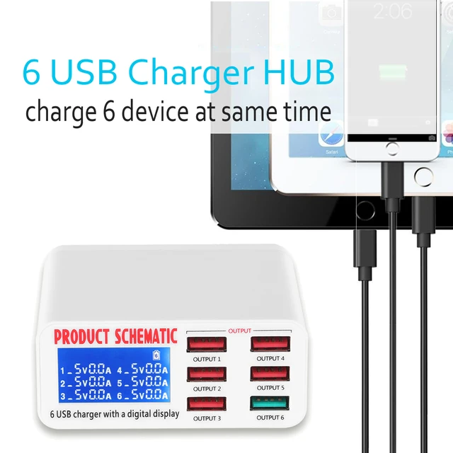 6 Ładowarka USB HUB Szybka ładowarka 6-portowa wieloportowa stacja ładująca z wyświetlaczem LED do smartfonów