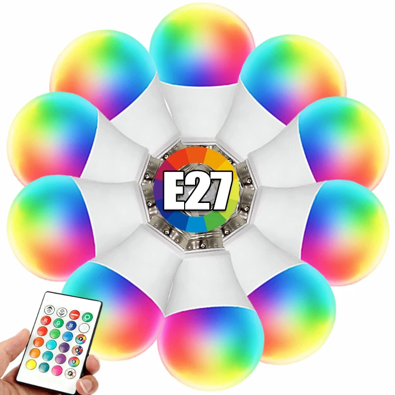 

16-цветная RGB-лампа, светодиодная многоцветная лампа E27, 220 В, умная лампа с дистанционным управлением, бытовая лампа с регулируемой яркостью, декоративное освещение, атмосферный свет