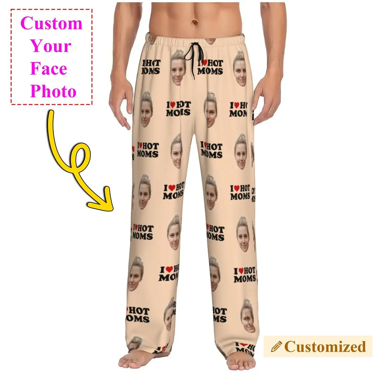 

I Love Hot Moms Custom Pajama Pants for Men Personalized Face Photo Design Sleepwear Lounge Sleep Bottoms Stretch with Pockets