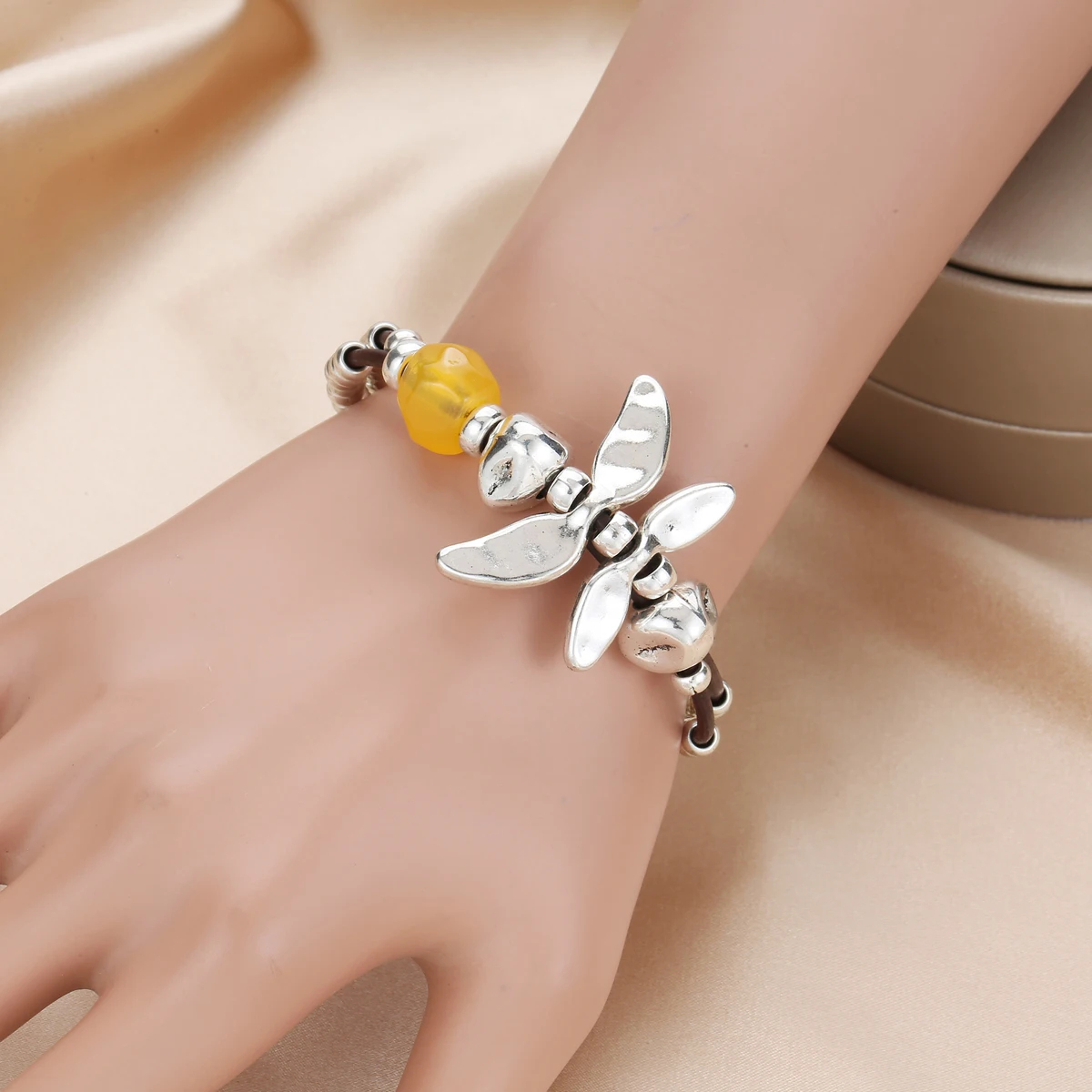 Anslow Top Quality Fashion Antique Silver Plated Retro Vintage Dragonfly Handmade Leather Bracelet For Women Female Wholesale