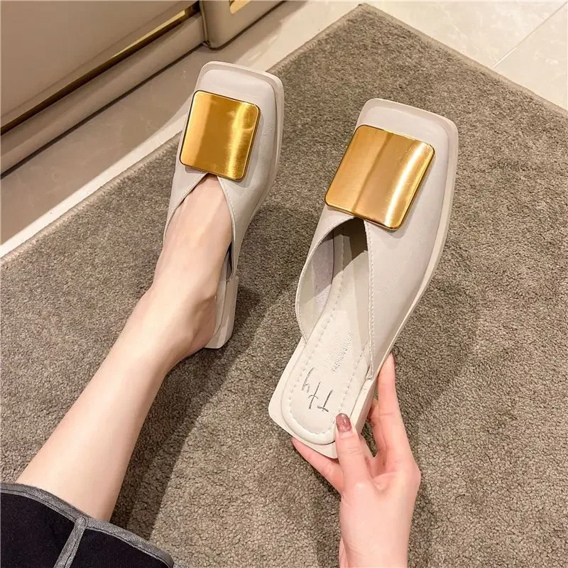 

Shoes for Women Square Toe Sandals Low Heel Woman Slippers Non Slip Pvc Korea Style H Sandal Waterproof 2025 Trend Vip 39 Slides