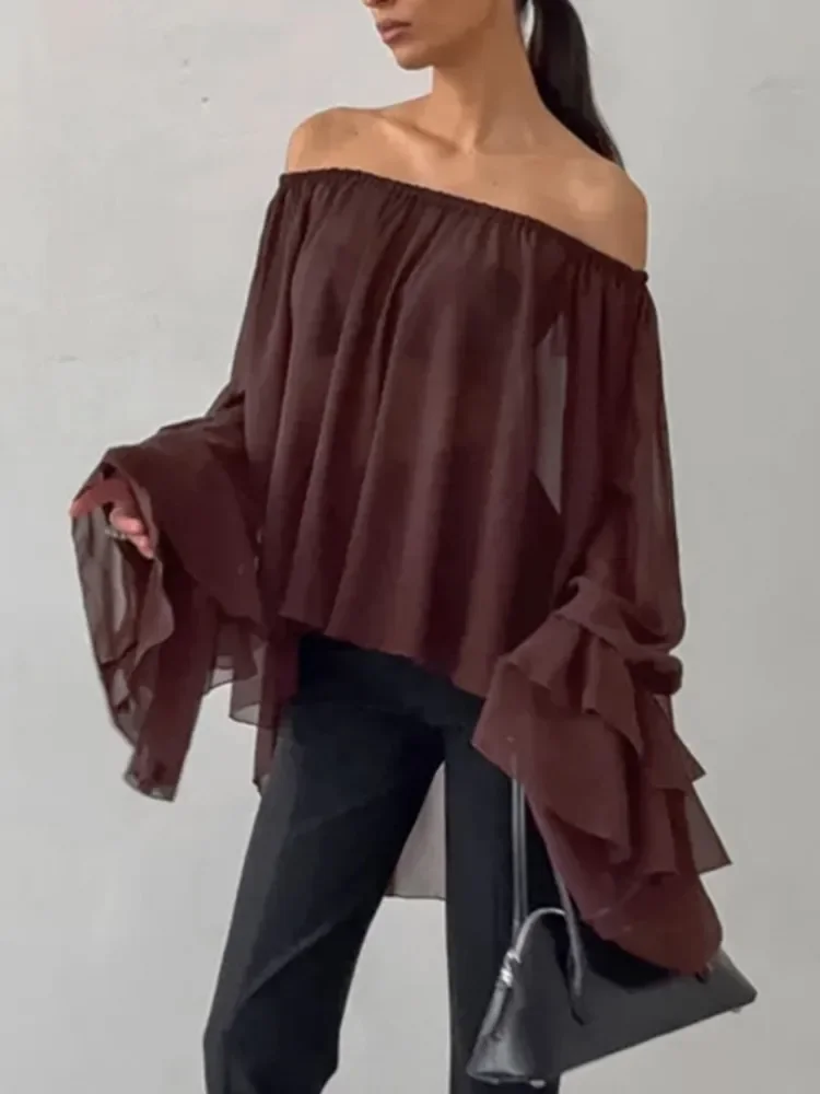 Fashion Brown One Neck Shirt Women See Through Ruffle Edge Loose Blouse 2025 New Summer Chic Vintage Casual Long Sleeve Shirts