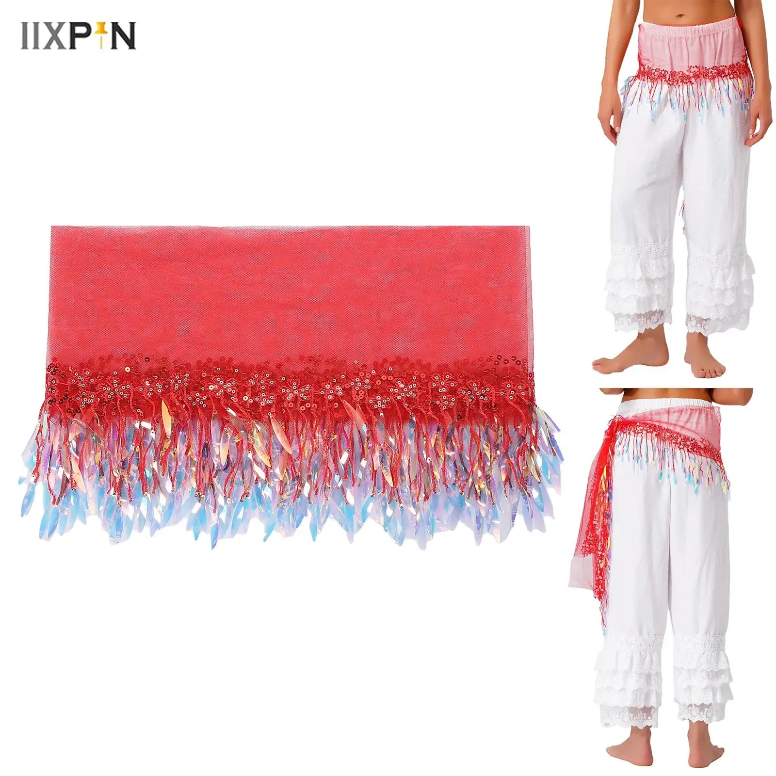 

Women's Belly Dance Hip Scarf Skirt Embroidered Trim Sheer Mesh with Willow Leaf Shaped Sequin Tassel Lace-up Waist Chain Skirt