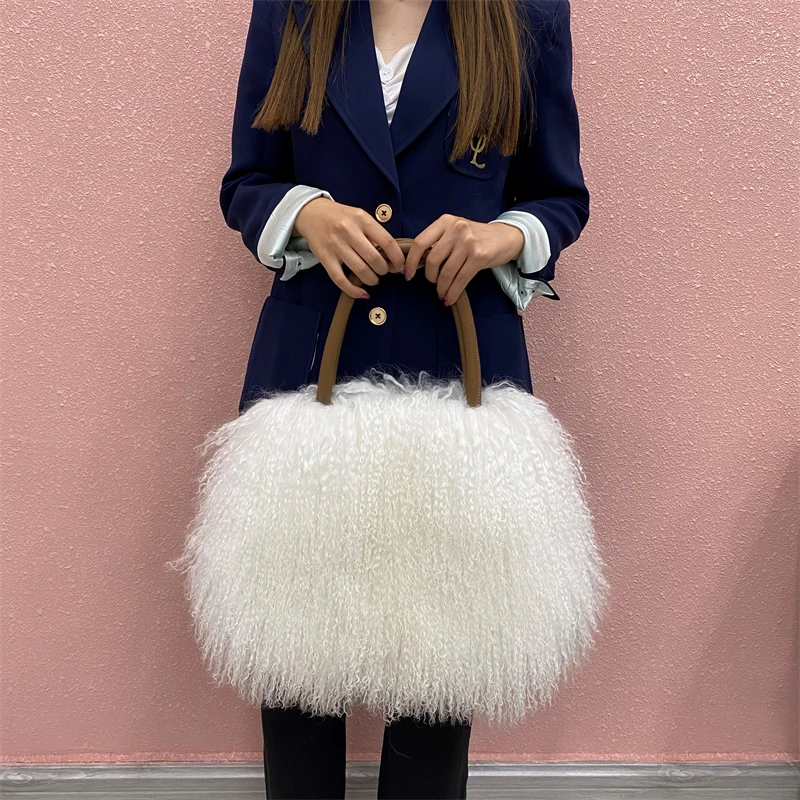 Factory Wholesale New Fashion Design Luxury Real Mongolian Lamb Fur Bag Sheep Fur Shoulder Bag