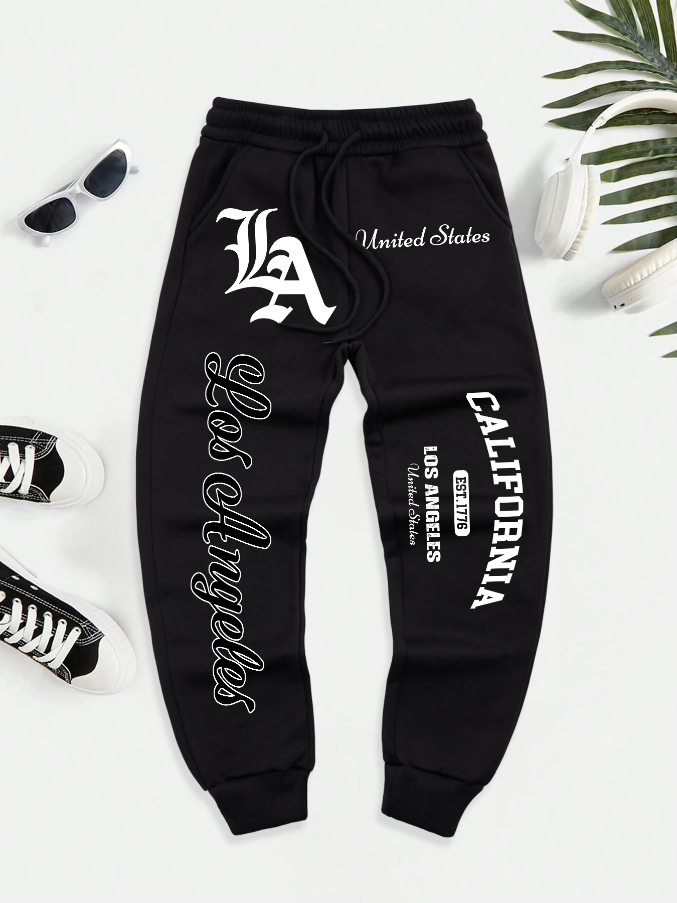 

California United States Art Letter Prints Casual Sportpants Man Soft Warm Britches Pocket Fleece Pants Comfy Street Long Pant