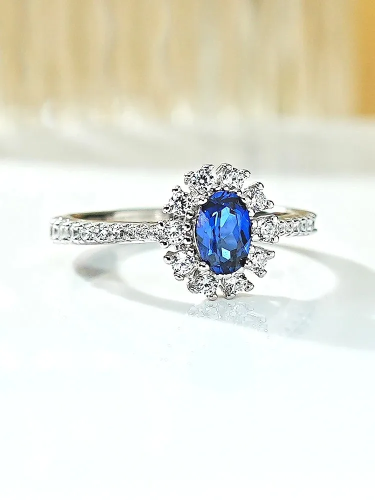 Light Luxury 925Silver Artificial Blue Treasure Egg shaped Flower Ring Set with High Carbon Diamonds Unique and Versatile Design