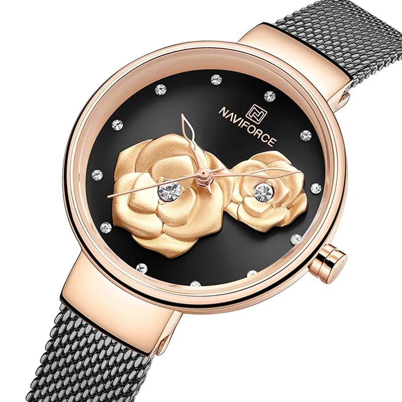 NAVIFORCE Ladies Watch Quartz 30M Waterproof Clock Luxury Trendy Creative 3D Rose Women Business Daily Wristwatch Reloj Mujer