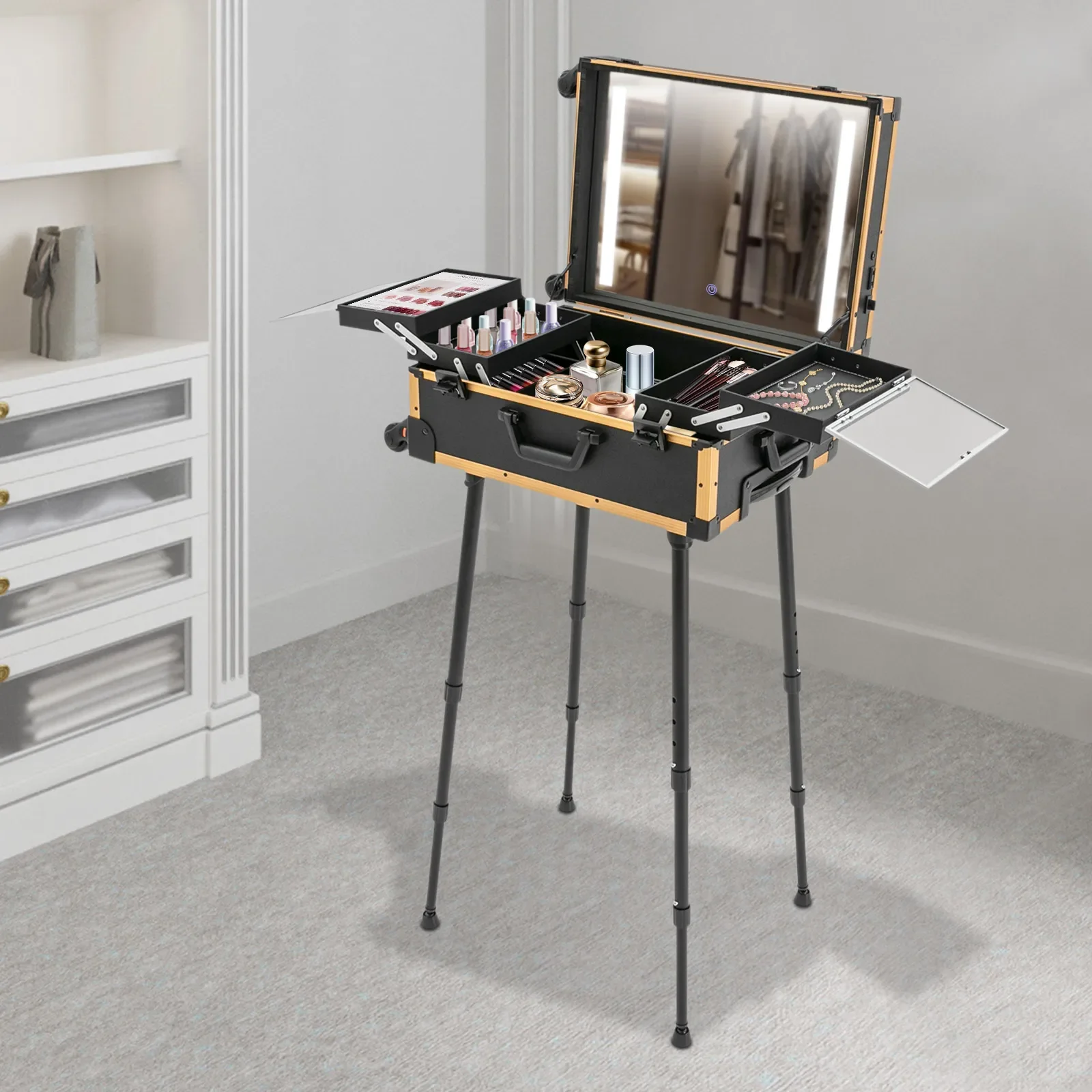 21-дюймовый профессиональный кейс для макияжа на колесиках с зеркалом со светодиодной подсветкой, регулируемой высотой и категориями для хранения