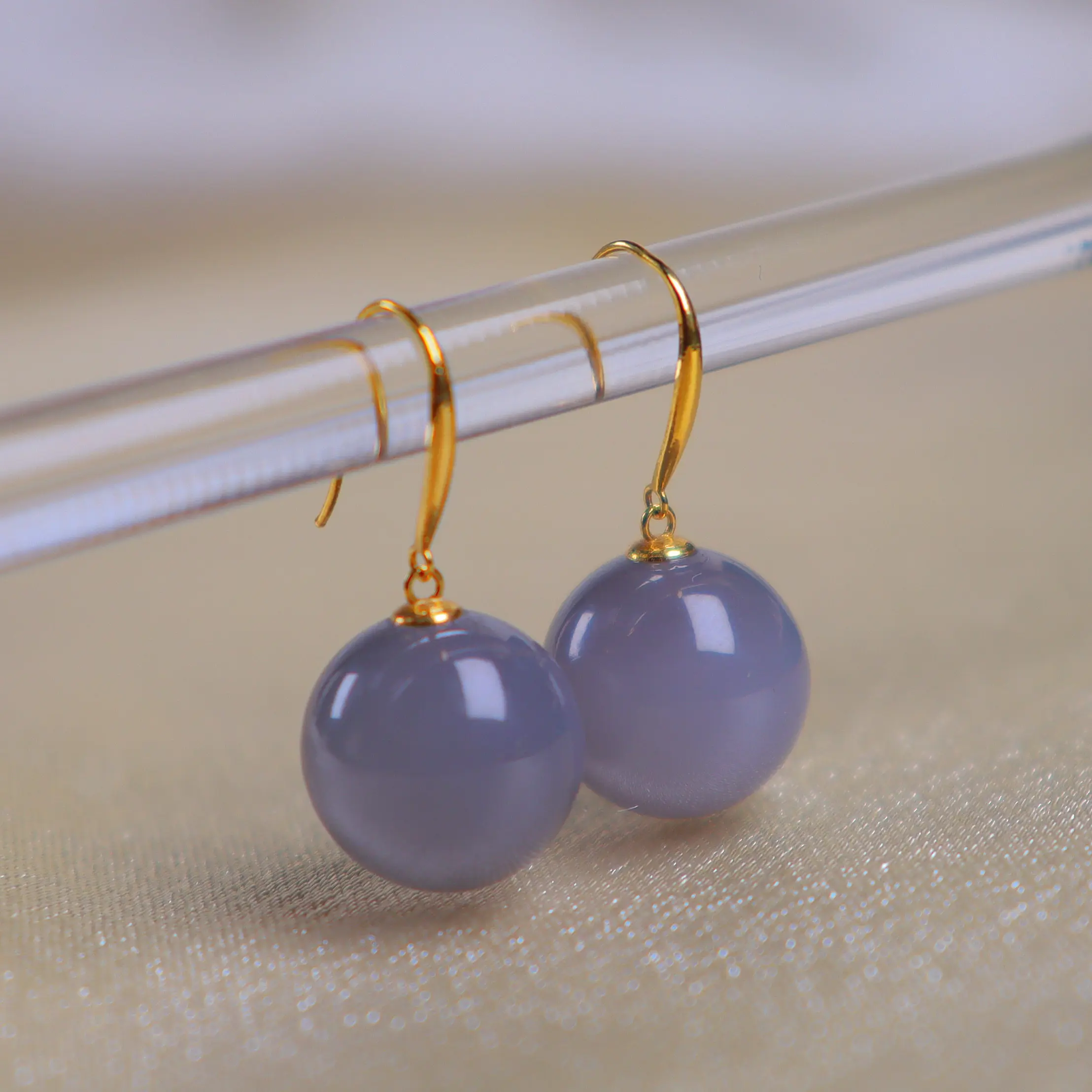 Natural Hetian Jade Icy Lavender 18K Gold Drop Earrings, 12mm Round Bead Gemstone Jewelry