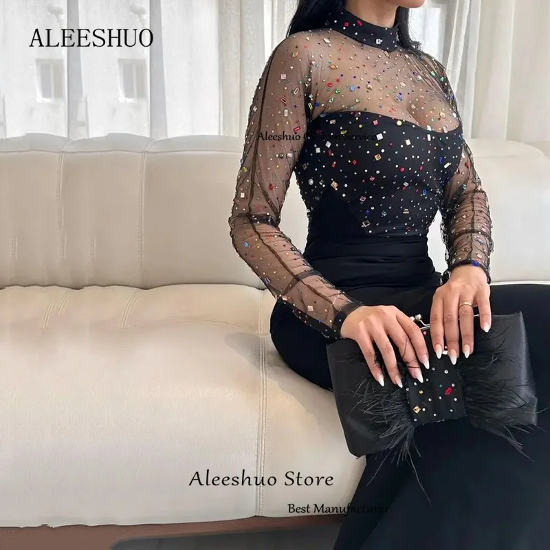 Aleeshuo Saudi Arabia Mermaid Prom Dress O-Neck Illusion Tulle Crystal Beaded Formal Evening Dress Ankle-Length Party Dress 2024