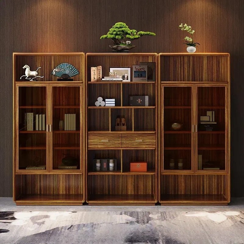 New Chinese Ebony Solid Wood Bookcase Modern Simple Living Room Study Storage Cabinet Glass Door Display Unit with Drawer