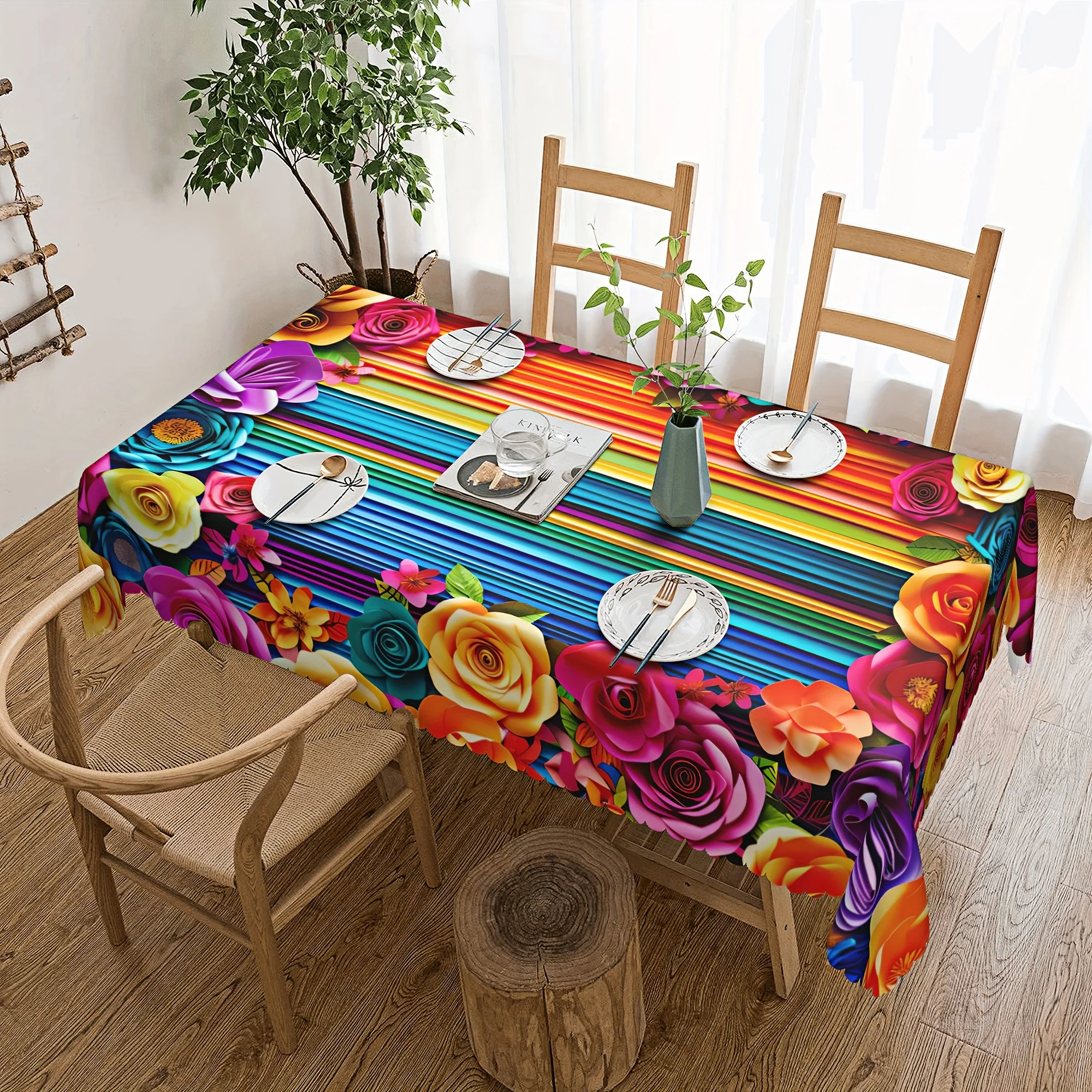 

Mexican Theme Party Print Colorful Striped Floral Home Rectangular Dustproof Tablecloth Holiday Party Dinner Decoration Cloth