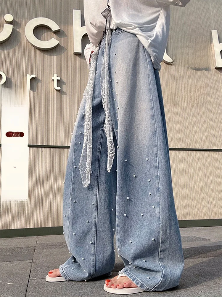 

Легкие джинсы Light Wa Pearl Water Wa с широкими штанинами, женские, летние, в корейском стиле, универсальные, стройнящие, повседневные, с высокой талией