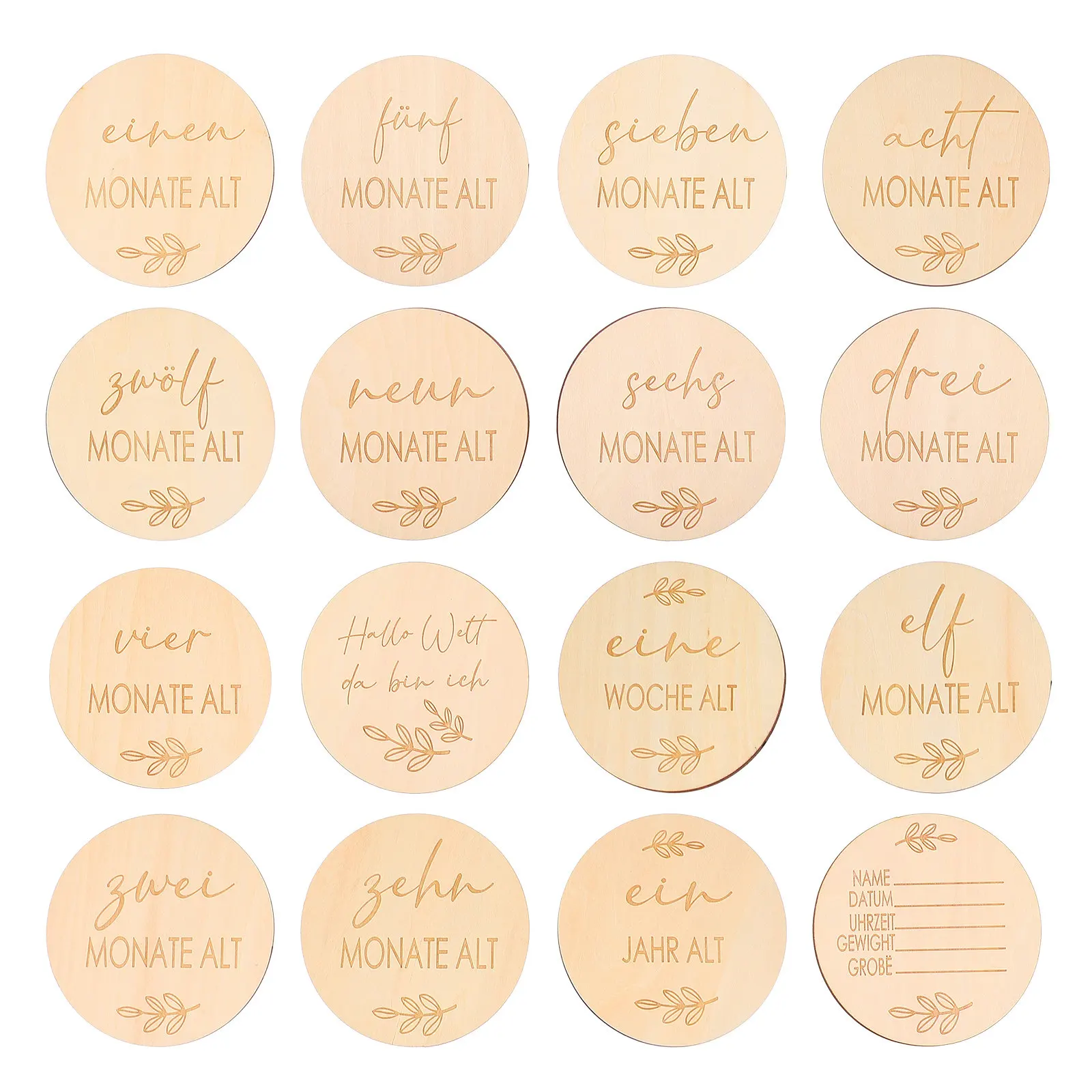 16pcs Baby Milestone Wooden Cards – Smooth Polished Discs for Newborn Monthly Photography & Growth Memory Capture