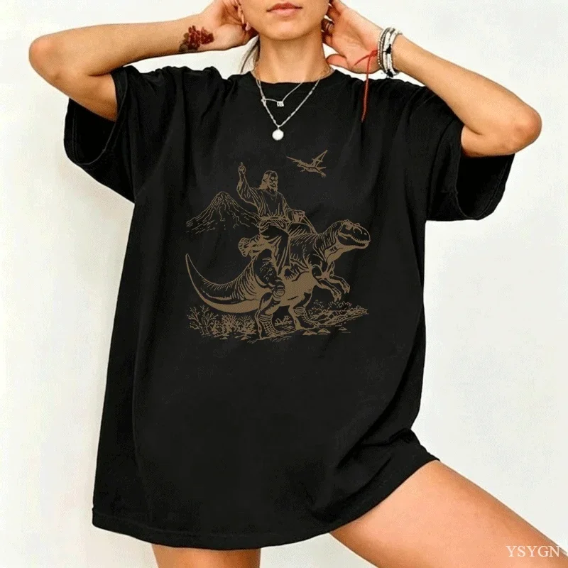 Vintage Jesus Riding Dinosaur Tshirt Cotton Short Sleeve Retro Jesus T-Shirts He Is Rizzen Funny Graphic Tees Christian T Shirt