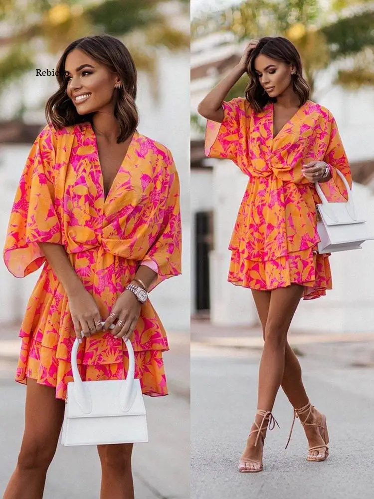 

Fashion Bat Short Sleeve Dresses 2022 Women Beach Vacation Mini Dress Summer Office Ladies Elegant V Neck Floral Print Dress