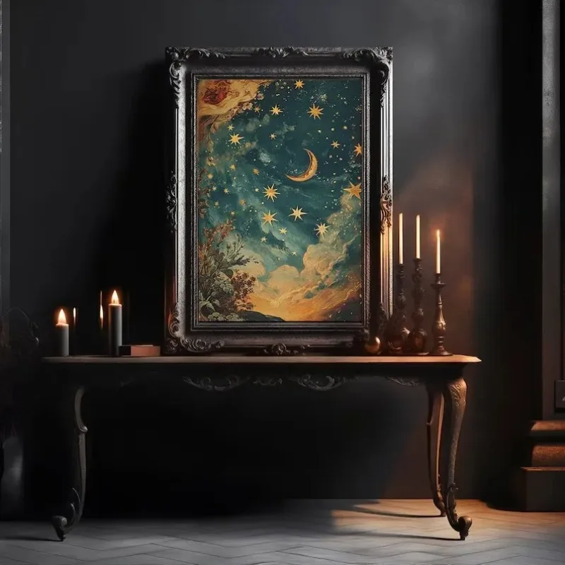 Vintage Starry Night Sky Scene Moon Stars Clestial Landscape Astronomy Poster Canvas Painting Wall Art Pictures Home Decor