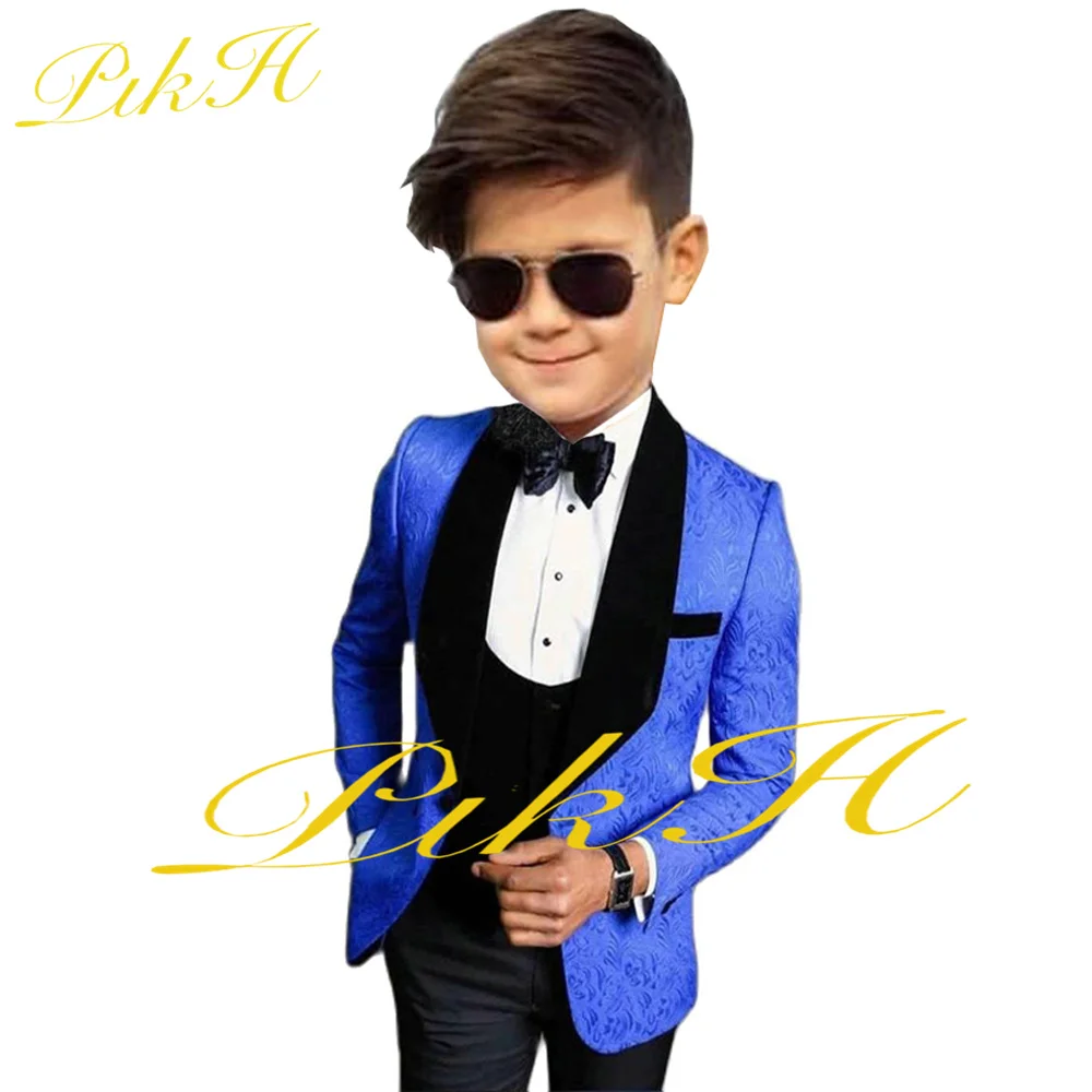 Dark Green Boys Suit Wedding Tuxedo Floral Jacket Pants Vest Three Piece Kids Party Blazer Set Fashion Child Clothes