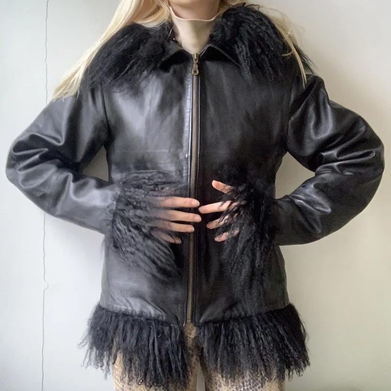 Black Zipper Loose Hooded Casual Jacket Autumn and Winter New Style Tassel Fur Stitching Artificial Leather PU Leather Jacket