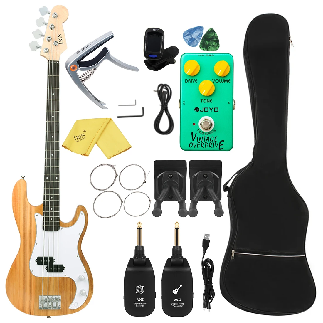 IRIN Basswood Body Bass Guitar Wood Color 20 Frets Guitarra 4 String Electric Bass with Tuner Strings Capo Pick Effect Pedal